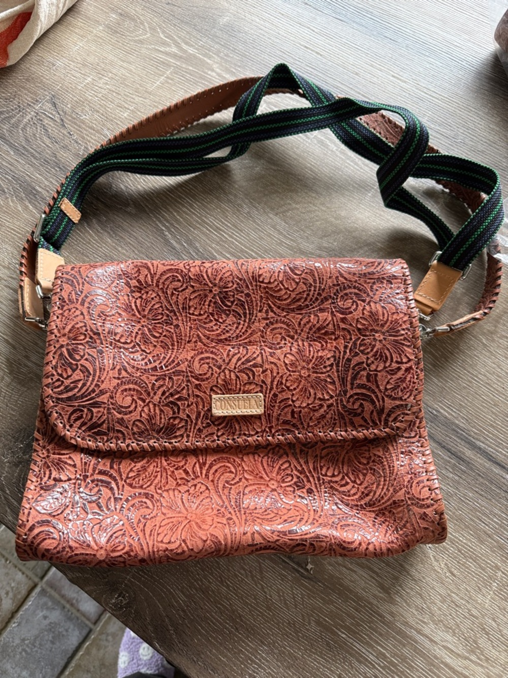 Consuela Sally Tooled Floral Leather Crossbody in Rust